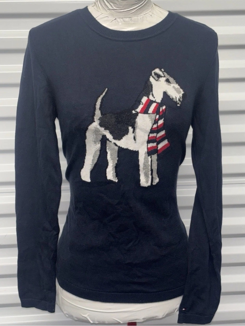Tommy Hilfiger Y2K Terrier Dog Intarsia Knit Scarf Crew Neck Blue Sweater SZ.S